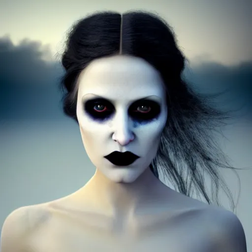 Image similar to photographic portrait of a stunningly beautiful goth scary eerie ghost female in soft dreamy light at sunset, contemporary fashion shoot, by edward robert hughes, annie leibovitz and steve mccurry, david lazar, jimmy nelsson, breathtaking, 8 k resolution, extremely detailed, establishing shot, artistic, hyperrealistic, perfect face, octane render