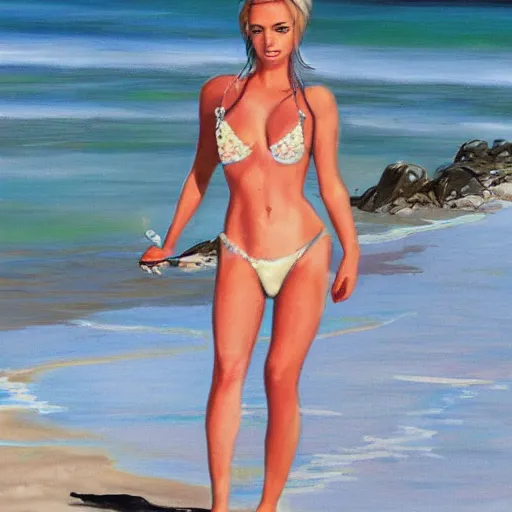 Prompt: katya kavaleva at beach, highly detailed