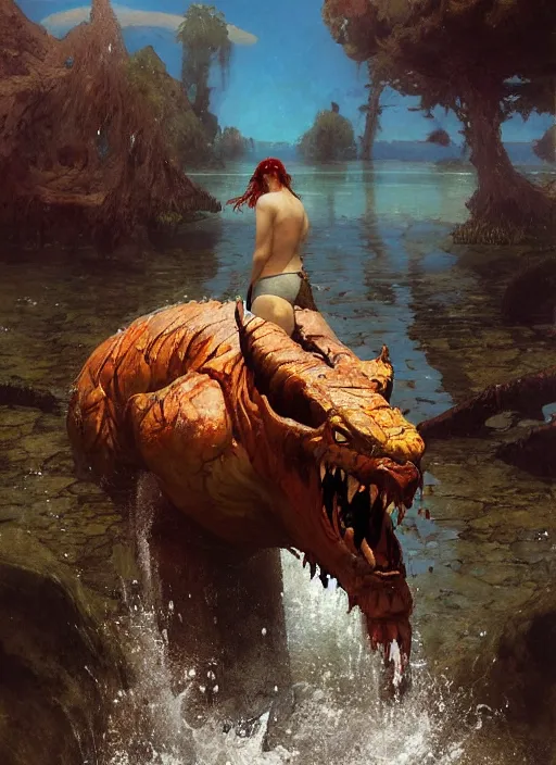 Image similar to huge towering brute beast demonic monster emerging from lake on sunny day, splashing, partially submerged, water cascading, by sergey kolesov and lawrence alma tadema and norman rockwell and greg staples and craig mullins and john berkey and ruan jia, artstation creature art