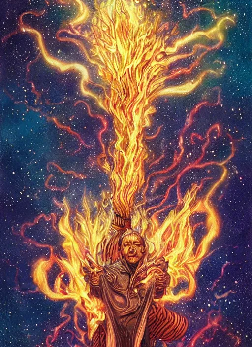 Image similar to high intricate colored ink drawing of the sandman holding a glimmering fire - galaxy, full shot, neil gaiman, maria panfilova, andrea savchenko, mike kime, ludovic plouffe, qi sheng luo, oliver cook, julian calle, eddie mendoza, trending on artstation