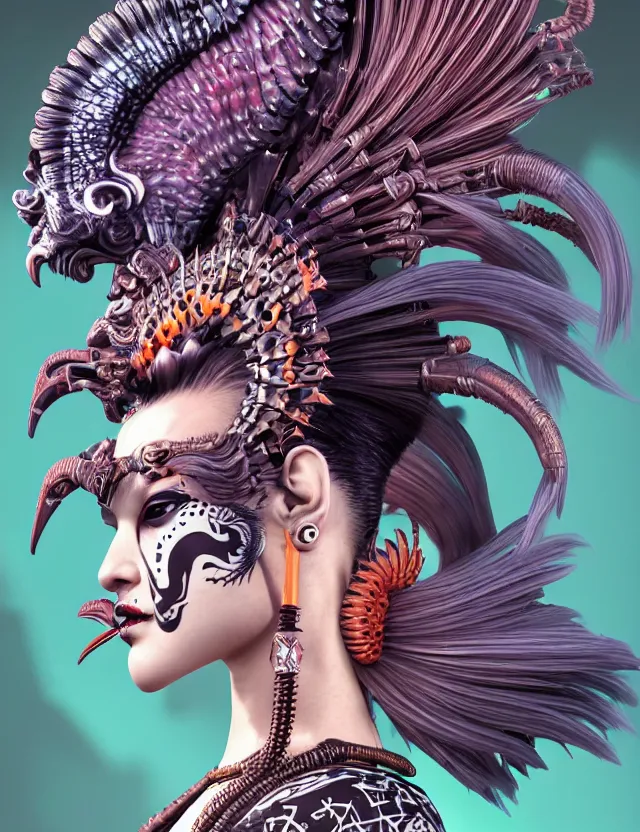 Image similar to 3 d goddess close - up profile portrait punk with mohawk with ram skull. beautiful intricately detailed japanese crow kitsune mask and clasical japanese kimono. betta fish, jellyfish phoenix, bio luminescent, plasma, ice, water, wind, creature, artwork by tooth wu and wlop and beeple and greg rutkowski