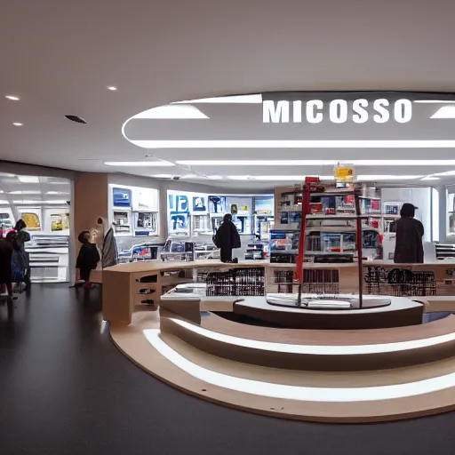 Prompt: interior photography of a Microsoft Samsung flagship store in the style of Wes Anderson and Denis Villeneuve, the last jedi, retaildesignblog, dezeen, 14mm, pentax, film