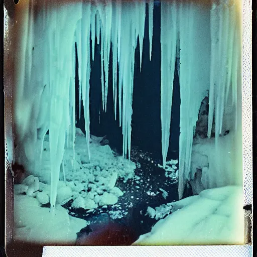Image similar to a dark glacier cave wit a low ceiling, icicles, deep, dark, creepy, eerie, unsettling, terrifying, old polaroid, expired film, deep,