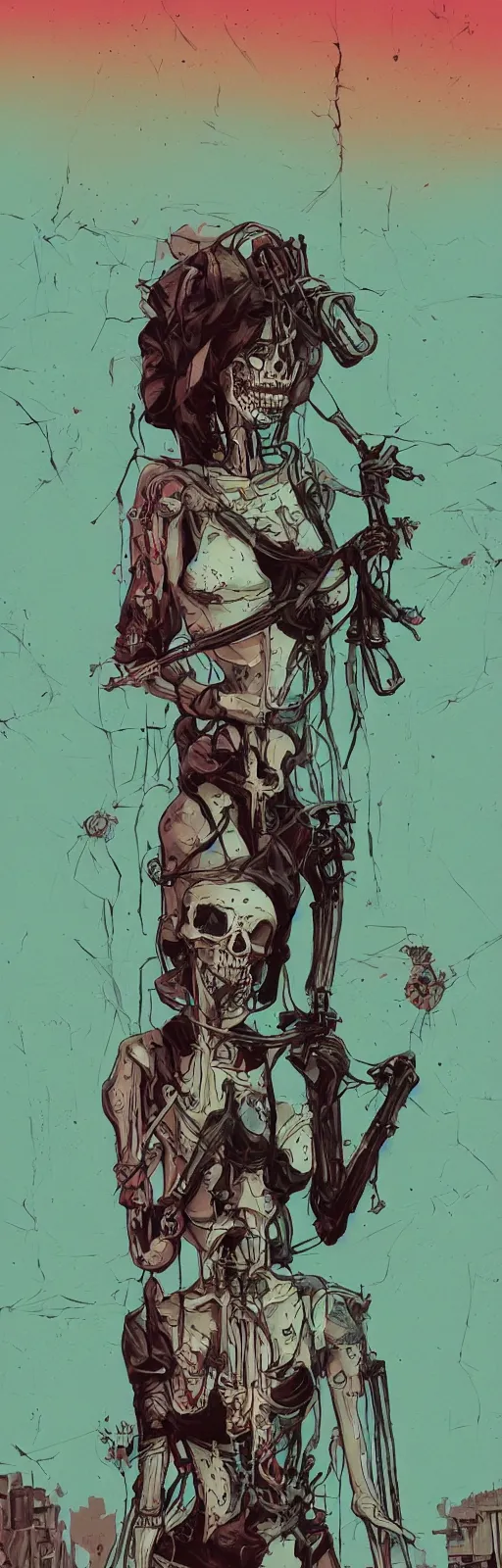 Image similar to a colorfully detailed comic noir style illustration of a beautiful woman wearing a skeleton suit in a post-apocalyptic desert by queens of the stone age and sachin teng, dark vibes, street art, cinematic, high contrast, depth of field