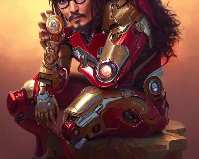 Image similar to photography of johnny depp as ironman, deep focus, d & d, fantasy, intricate, elegant, highly detailed, digital painting, artstation, concept art, matte, sharp focus, illustration, hearthstone, art by artgerm and greg rutkowski and alphonse mucha