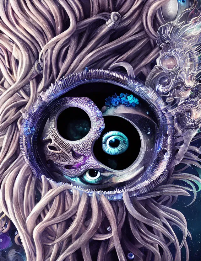 Image similar to eye of god macro close - up portrait with mask made of ram skull. betta fish, jellyfish phoenix, plasma, ice, water, wind, creature, super intricate ornaments artwork by tooth wu and wlop and beeple and greg rutkowski