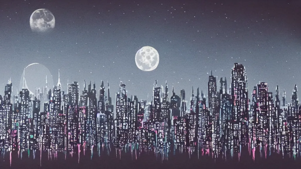 Prompt: a city on the background of a big moon in a Spray paint style