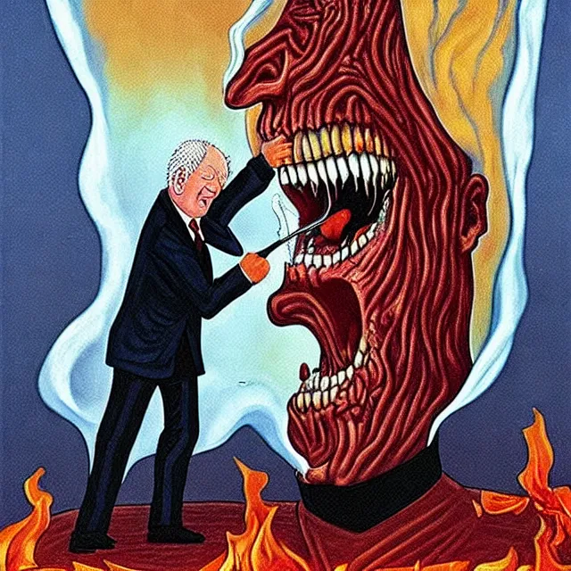 Prompt: boris yeltsin pours lead into the mouth of a sinner in hell, scary art in color