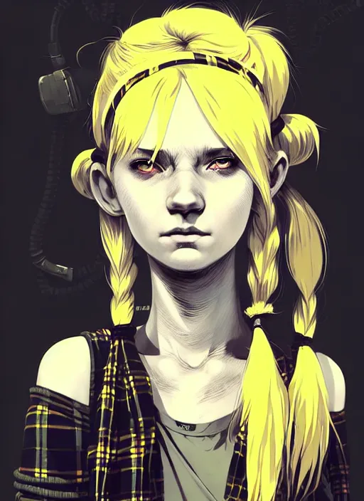 Image similar to highly detailed closeup portrait of a sewer punk pretty swedish female road warrior student, tartan garment, blonde hair pigtails with headband by atey ghailan, by greg rutkowski, by greg tocchini, by james gilleard, by joe fenton, by kaethe butcher, gradient yellow, black, brown and white color scheme, grunge aesthetic!!! white graffiti tag wall background