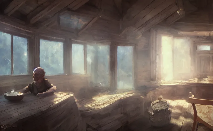 Prompt: russian banya rusian sauna, painting by craig mullins, octane rendering, soft morning lighting, wide angle lens, in the style of hayao miyazaki, trending on artstation,