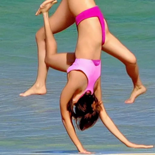 Image similar to emma watson doing a headstand yoga pose in bikini