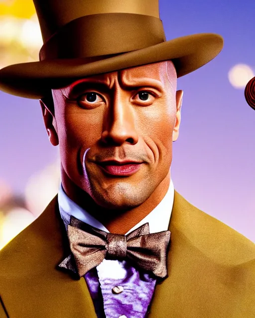 Image similar to Film still close-up shot of Dwayne Johnson as Willy Wonka from the movie Willy Wonka & The Chocolate Factory. Photographic, photography