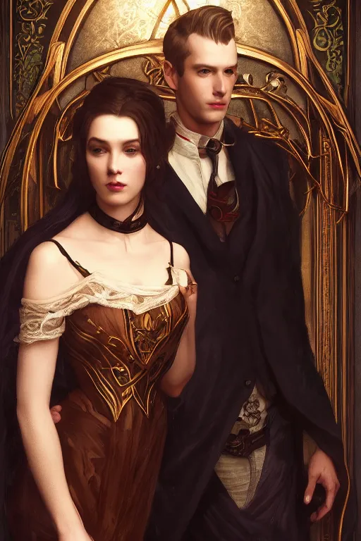 Image similar to a portrait of handsome young evil male Satan and his elegant beautiful wife, bored, illustration, dramatic lighting, soft details, painting oil on canvas, art nouveau, octane render, HDR, 4k, 8k, HD, by Edmund Blair Leighton, Brom, Charlie Bowater, trending on artstation, faces by Tom Bagshaw, Sargent