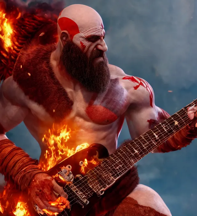 Prompt: raging kratos shredding on a flaming stratocaster guitar, cinematic render, god of war 2 0 1 8, santa monica studio official media, lightning, stripe over eye