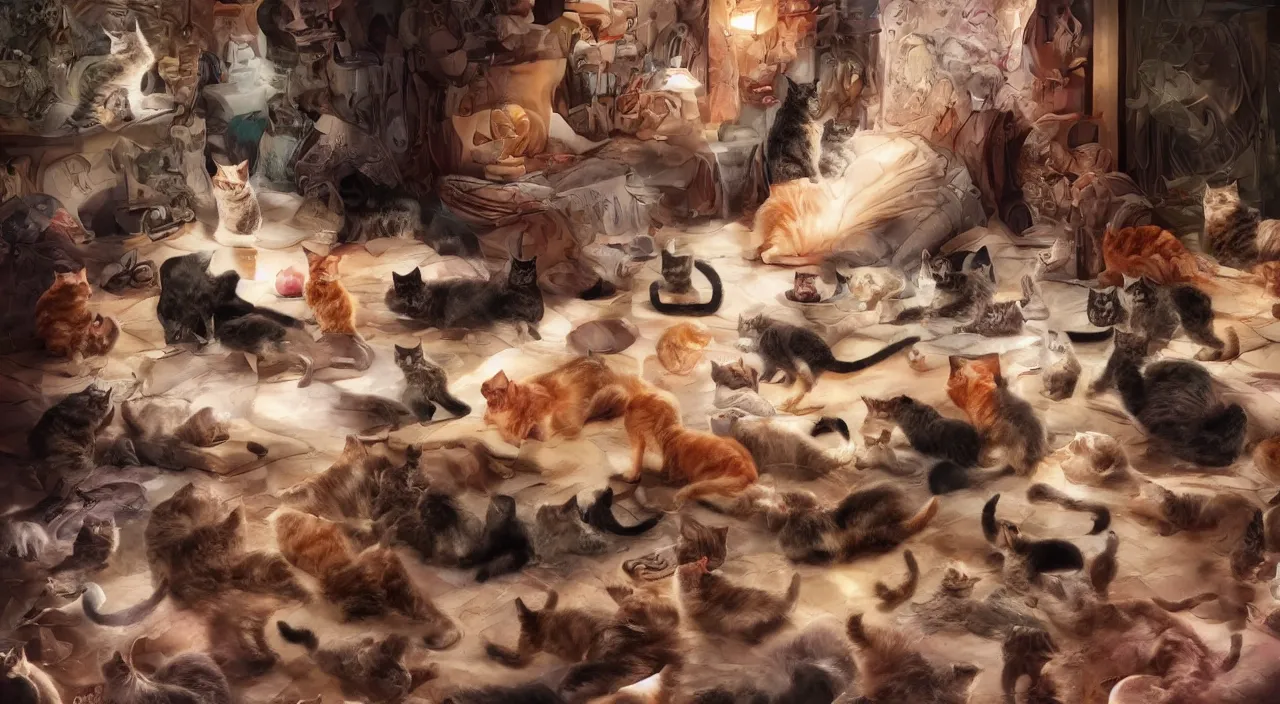 Image similar to a matte painting of a cat lady laying on a floor surrounded by 20 cats by Frank Lloyd Wright and Zaha Hadid torch volume light stylized illustration digital airbrush painting, 3d rim light, hyperrealistic masterpiece, artstation, cgsociety, kodakchrome, golden ratio