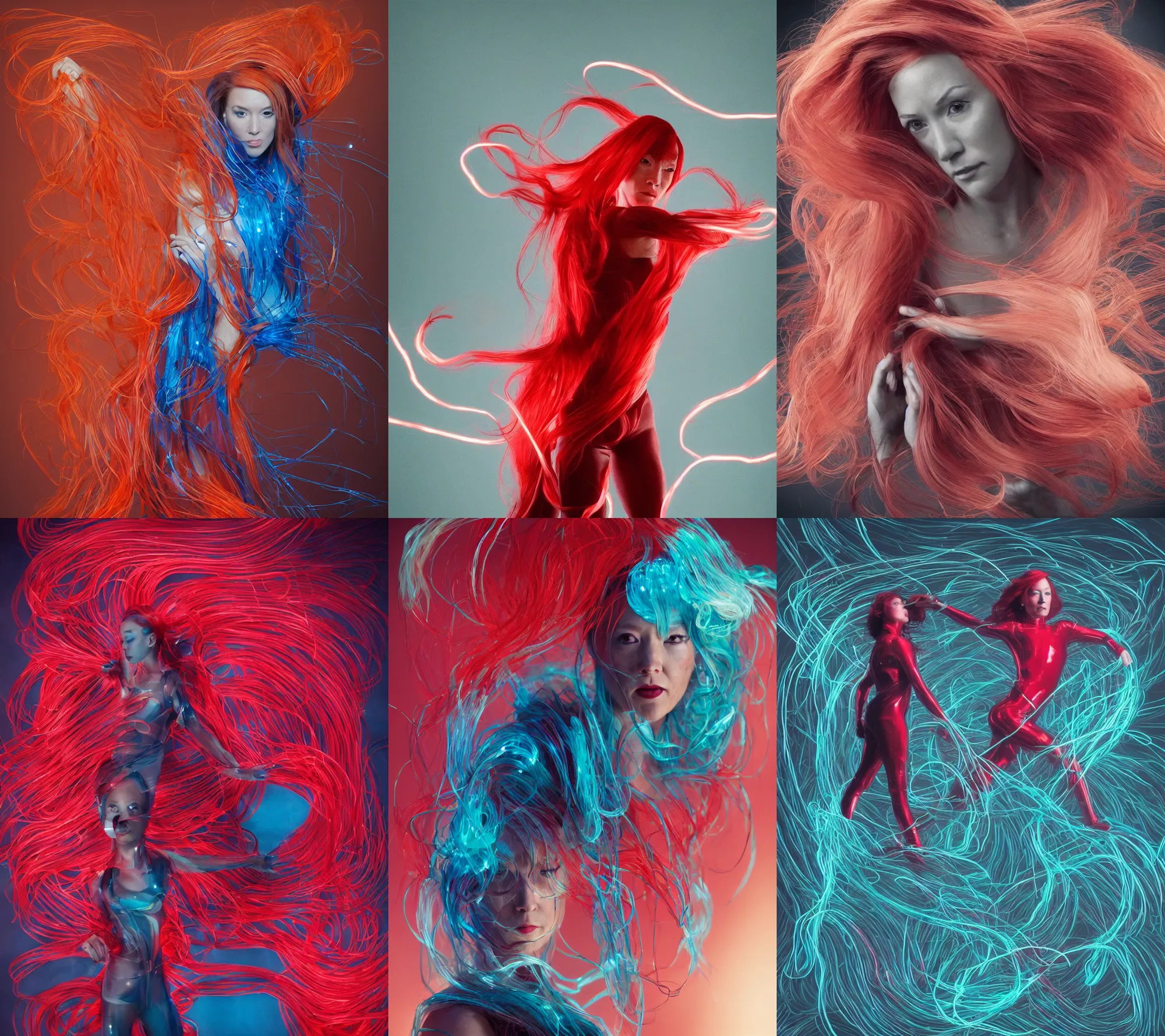 Prompt: glamour photo composition : (subject= 'Jen Psaki combat pose with hands creating visual trails' subject detail= red fiber optic hair, wearing bodysuit made of sparse loose flowing ribbons of transparent bioluminescent glass) in the style of Artgerm and (tooth wu) and (dan mumford) and (beeple) and (wlop) and (rossdraws) and (James Jean) and (((Andrei Riabovitchev))) and ((Marc Simonetti)) and (yoshitaka Amano)