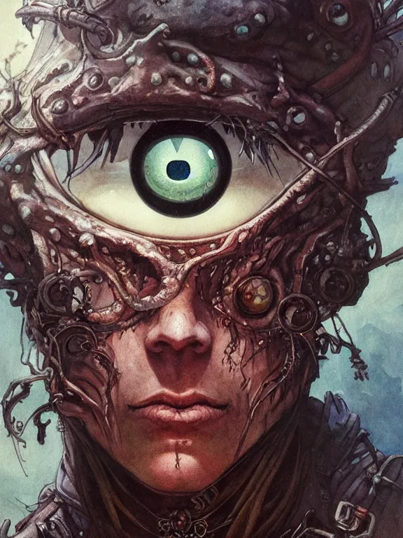 Prompt: one-eyed cyclops concept art with one huge eye in the center. Extremely high detail, details, realistic, fantasy art, solo, masterpiece, portrait painting, saturated colors, art by Arthur Rackham, Dariusz Zawadzki, Muzinabu