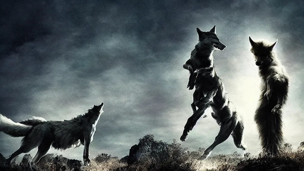 Prompt: Beautiful epic cinematography of David Bowie riding a giant wolf at night