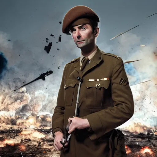 Image similar to david tennant as a world war 2 soldier in the battlefield, explosions in background, gunshots, longshot, centered shot, 4 k, found footage, shutterstock