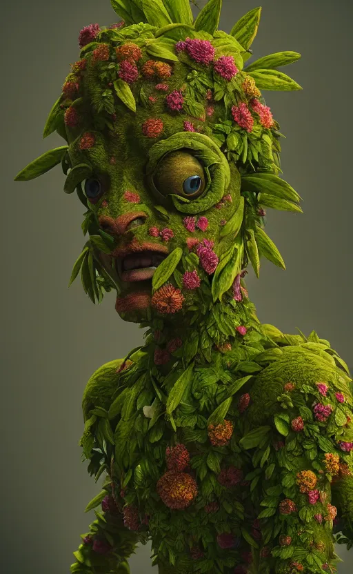 Image similar to a plant creature, foliage, plant filaments, flowers, humanoid shape, full body, photorealistic, 4 k, octane render, cinematic lighting, artistic photography, insanely detailed and intricate