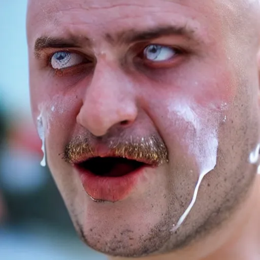 Prompt: close up photo of a fully clothed bald crimean man with yoghurt dripping from his face