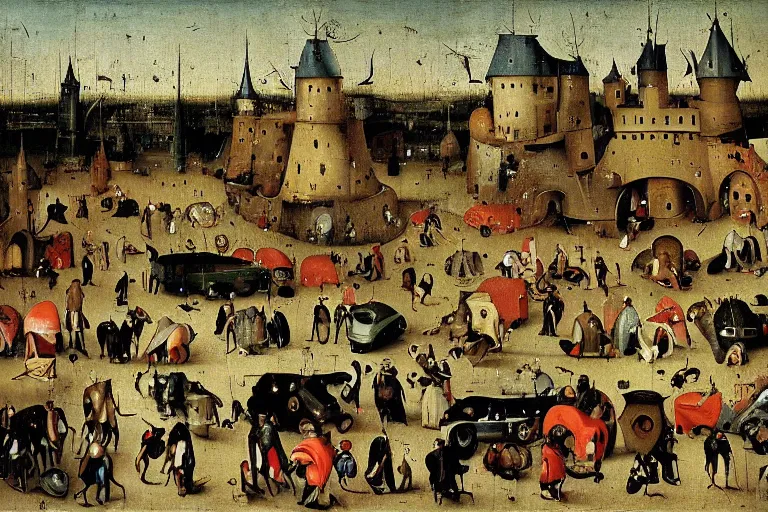Image similar to urban parking lot painted by hieronymus bosch