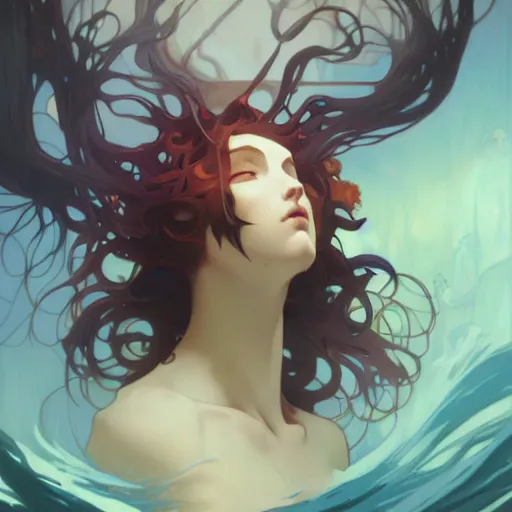 Image similar to breathtaking, art by peter mohrbacher, unreal engine, liquid, art by alphonse mucha, photorealistic dramatic anime boy, by wlop, ugly art, stylized, black background, ufotable art style, glitch art, photorealistic dramatic anime girl