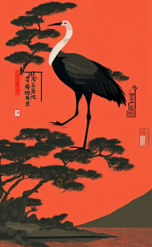 Prompt: hanafuda, portrait of huge japanese crane bird next to a lake in the middle of japanese pines, a big red sun in the background, front game card, vector line art, trending on behance, concept art, stunning, matte