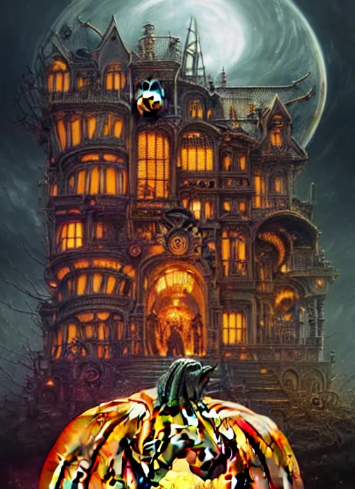 Image similar to hyper detailed ultra sharp of a halloweenpunk pumpkincore steampunk sci - fi haunted megastructure house trending on artstation, warpaint aesthetic, earthwave, colorful, psychedelic, ornate, intricate, digital painting, concept art, smooth, sharp focus, illustration, art by artgerm and greg rutkowski and h. r. giger, 8 k