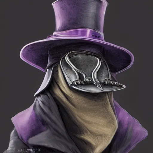 Image similar to mediaeval plague doctor wearing a top hat with a purple ribbon, intricate, epic, highly detailed, digital painting, artstation, concept art, smooth, sharp focus, illustration, unreal engine 5, 8 k, art by artgerm and greg rutkowski and alphonse mucha