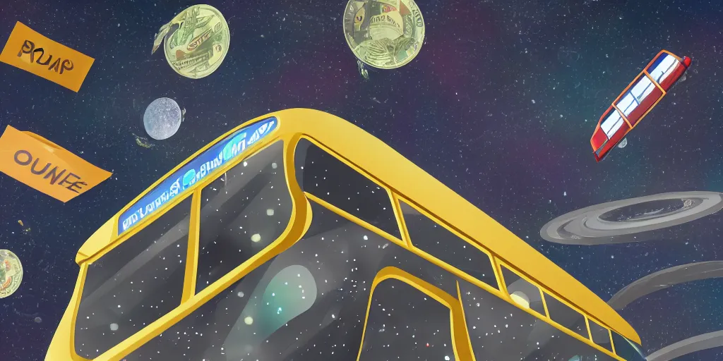 Prompt: a bus driving in outer space with money flying out of the bus windows. illustrated, high resolution 4k