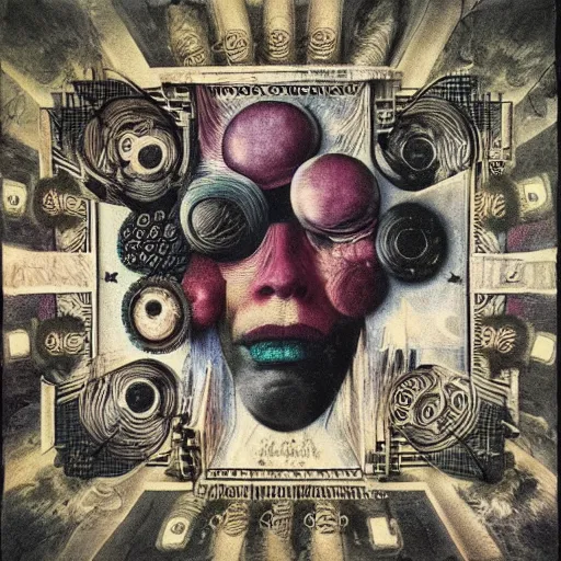 Image similar to post - punk new age album cover, asymmetrical design, dollar bank notes, capitalism, magic, apocalypse, psychedelic, black white pink, magic, giger h. r., giuseppe arcimboldo