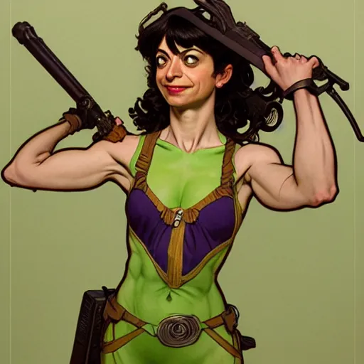 Image similar to full portrait of kate micucci as she - hulk, fantasy, d & d, intricate, detailed, by by alphonse mucha, adolfo hohenstein, alice russell glenny, stanley artgerm lau, greg rutkowski, detailed, trending on artstation, trending on artstation, smooth