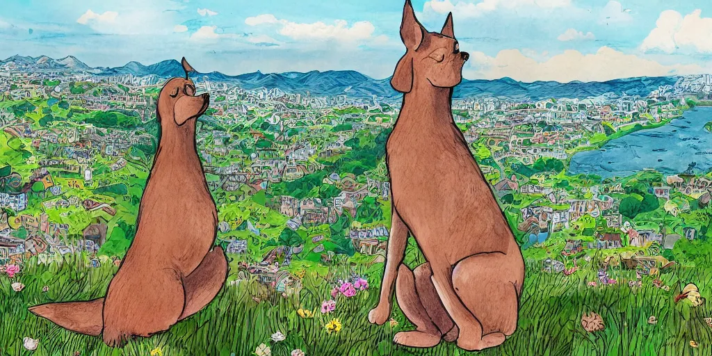 Prompt: breathtaking detailed childrens book illustration of a dog on the top of a hill, with a beutiful view of a tiny city below the hill, in the style of quentin blake 8 k