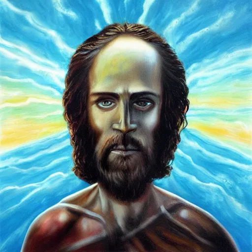 Image similar to a highly detailed oil painting of Jesus Christ with skull instead of face, standing inside the epicenter of thermonuclear blast mushroom on blue earth planet, going away, refusing to save humanity