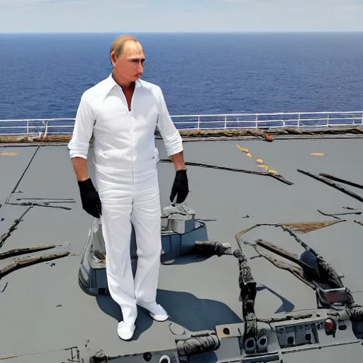 Prompt: Vladimir Putin standing under a Mission Accomplished banner on the dack of Admiral Kuznetsov aircraft carrier, high quality photo, 4k