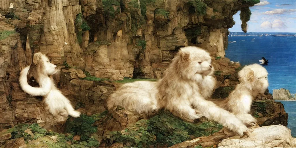 Prompt: 3 d precious moments plush animal, realistic fur, limestone cliffs bu the sea, master painter and art style of john william waterhouse and caspar david friedrich and philipp otto runge