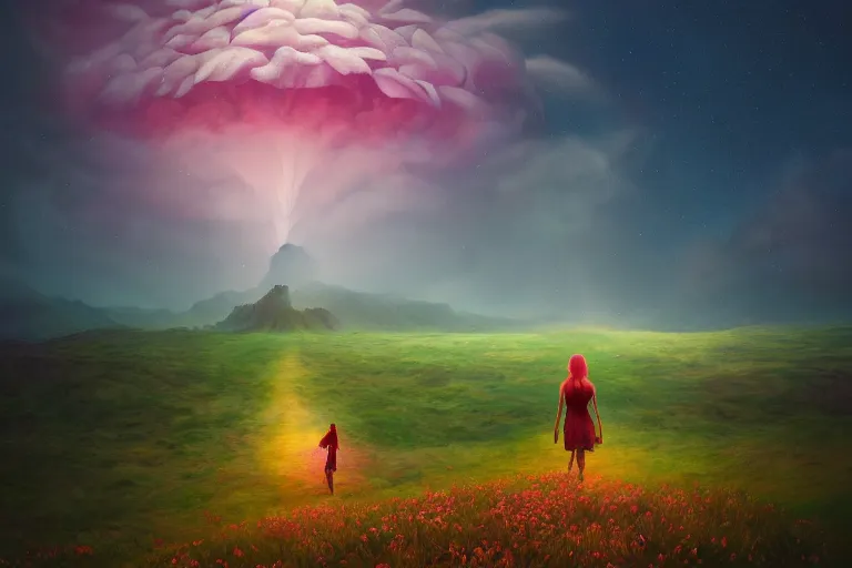 Image similar to giant dahlia flower as a head, girl walking on mountain, surreal photography, stars, dramatic light, impressionist painting, storm clouds, digital painting, artstation, simon stalenhag