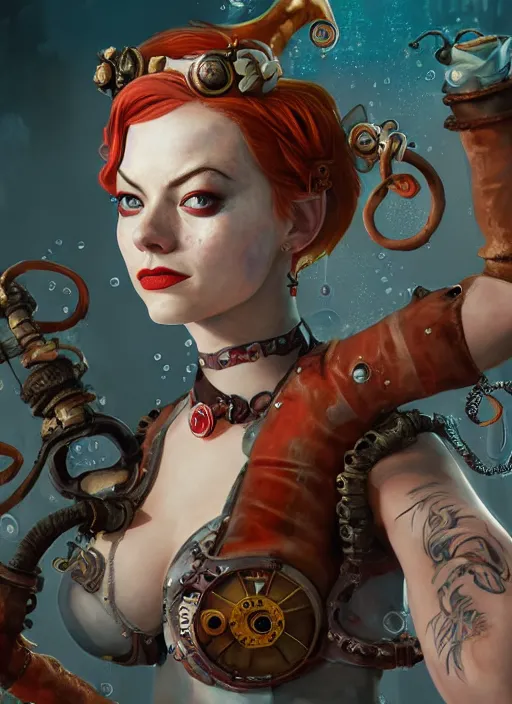 Prompt: underwater steampunk portrait of emma stone as harley quinn, octopus, hyper detailed, digital art, cinematic lighting, studio quality, smooth render, unreal engine 5, octane rendered, art style by klimt and nixeu and ian sprigger and krenz cushart.