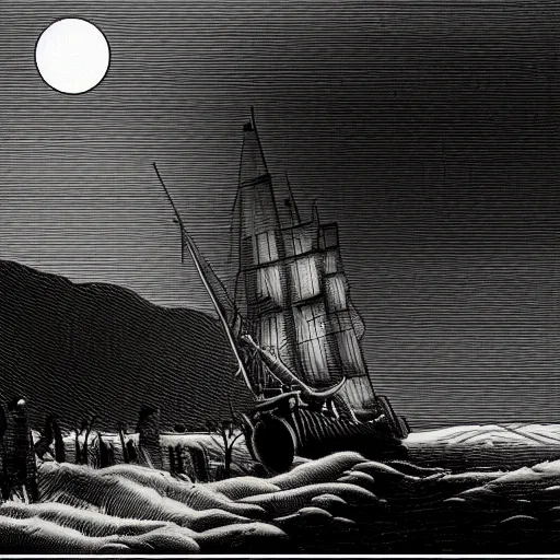 Image similar to colonial soldier crossing river boat landscape waves winter moonlight line art