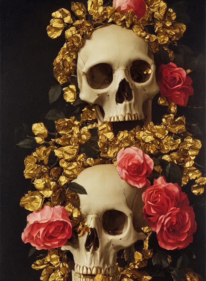 Prompt: portrait of a marble skull with a wreath of gold roses and a dress of gold rose petals in the hall of ossuary , oil painting in a renaissance style , very detailed, painted by Caravaggio.