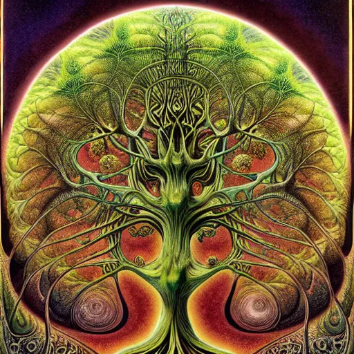 Prompt: sacred mulberry tree by roger dean and andrew ferez, art forms of nature by ernst haeckel, divine chaos engine, symbolist, visionary, art nouveau, botanical fractal structures, tree of life, lightning, detailed, realistic, surreality, lichtenberg figure