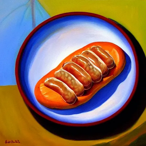 Image similar to oil on canvas, half fish half sausage on a plate. sausage with the fins of a fish