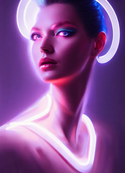 Image similar to portrait of female humanoid from 6 0 s era, intricate, elegant, cyber neon lights, highly detailed, digital painting, artstation, glamor pose, concept art, smooth, sharp focus, illustration, art by artgerm and greg rutkowski