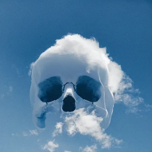 Prompt: a photo of a cloud with the shape of a skull, blue sky