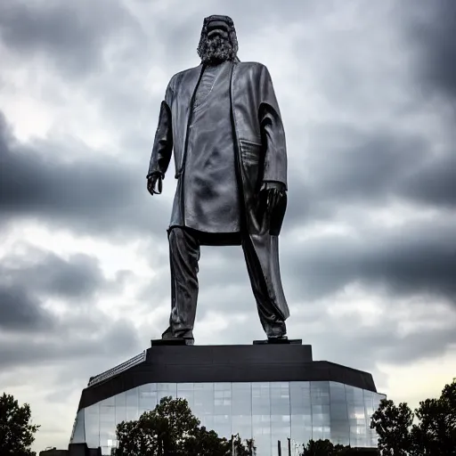 Image similar to 4 k portrait sony a 7 f 2. 8 of a gigantic stainless steel reflective shiny statue monolith of president joe biden as a taliban leader with neon lighting and moody cloudy skies