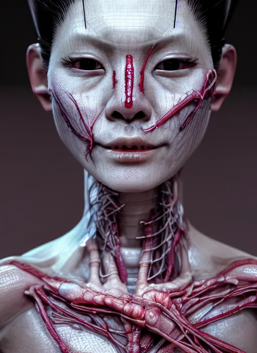 Image similar to 3 / 4 portrait, geisha girl with transparent skin, visible muscle and bones and veins and nerves, david cronenberg, hyperrealism, detailed textures, photorealistic 3 d cyberpunk apocalyptic city, futuristic clothing and helmet, ultra realistic, cinematic, intricate, cinematic light, unreal engine 8 k, octane render, unreal engine by david kostic and stanley lau and artgerm