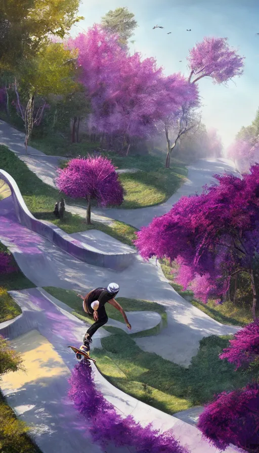 Prompt: A skateboarder going downhill towards a magical portal and purple trees in the distance, abandoned city with graffiti, sweat drops, insane, intricate, highly detailed, oil painting, smooth, sharp focus, Unreal Engine 5, 8K, art by Diego Velázquez
