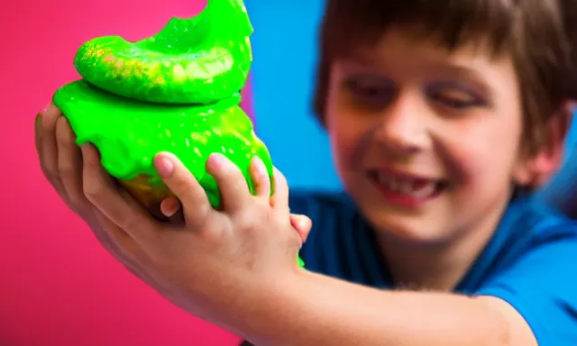 Prompt: kid playing with slime monster, realistic, toy commercial photo