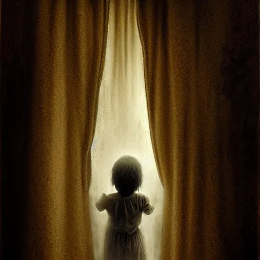 Image similar to Curtain Ghost by Mark Arian, dark, horror, surrealism, horror scene of a child staring outside the window. Screaming for help by Santiago Caruso, Stefan Koidl and Kentaro Miura